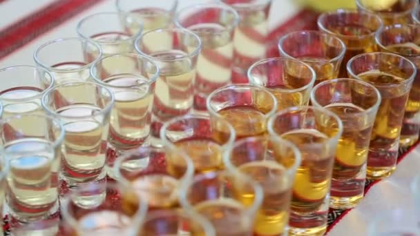 Muitos copos de álcool forte na mesa — Vídeo de Stock