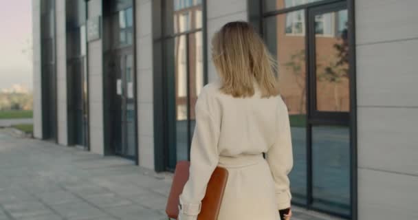 Vista trasera de la mujer de negocios que lleva el ordenador portátil en la caja de cuero y el teléfono inteligente moderno. Persona femenina con ropa elegante caminando por la calle de la ciudad. Concepto de personas exitosas. — Vídeos de Stock