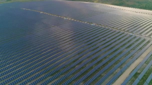 Top aerial drone view of large alternative sun power station with solar panels standing in row. Concept of renewable energy and future innovations, technology. — Stock Video