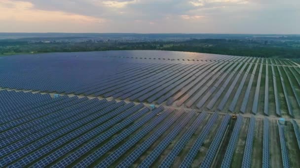 Aerial drone view of solar panels at renewable energy farm. Concept of solar cell power plants, future technology.Top view. — Stock Video