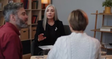 Olgun kadın psikolog, aile sorunlarını tartışırken birbirlerine bağıran evli çiftleri sakinleştiriyor. Terapi seansında karı koca tartışırken..