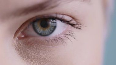 Close up view of young woman face half opening eye and looking to camera . Portrait of female model with light nude make up at studio background.