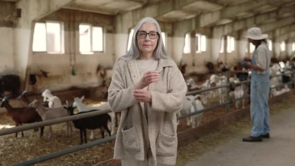 Femme âgée en lunettes et vêtements décontractés posant à la ferme caprine — Video