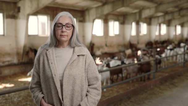 Selbstbewusste Frau mit grauen Haaren steht auf Ziegenhof — Stockvideo