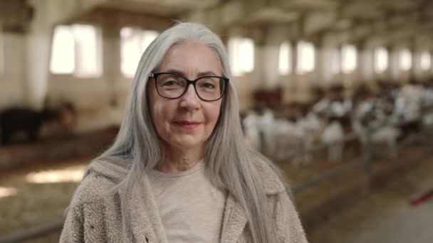 Femme aux cheveux gris avec sourire sur le visage debout à la ferme — Video