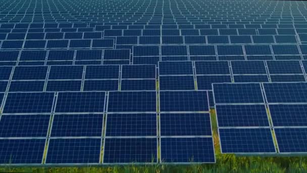 Вид с беспилотника огромной фермы с солнечными панелями на поле — стоковое видео