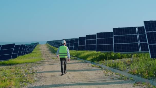Инженер в форме ходить по полю с солнечными панелями — стоковое видео