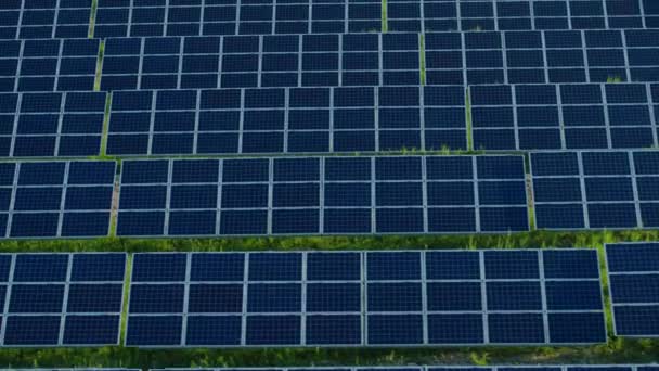 View from drone of solar panels arranged in rows on field — Stock Video