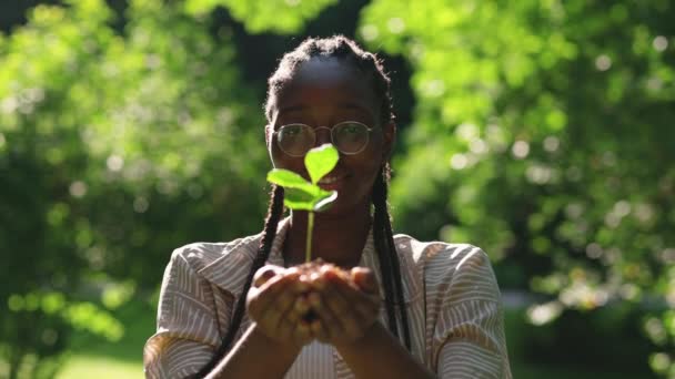 Mujer africana sonriente sosteniendo brote verde con tierra — Vídeo de stock