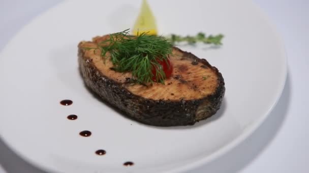 Filete al horno de salmón girando sobre fondo blanco — Vídeos de Stock