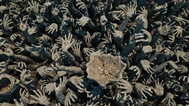 CHIANG RAI, THAILAND - Eylül 04 2025: Beyaz Tapınak 'ın bir bölümü cehennemden gelen yüzlerce uzamış insan gösteriyor. Uzanan eller, insan açgözlülüğünü ve aldatmacayı simgeler.