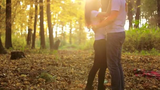 Hermosa pareja joven enamorada en el parque de otoño. Puesta de sol — Vídeos de Stock