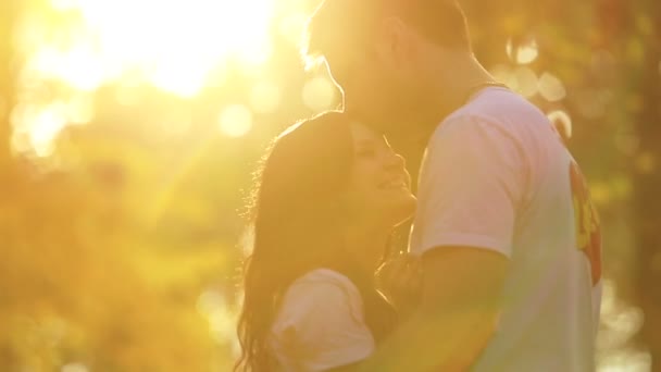 Hermosa pareja joven enamorada en el parque de otoño. Puesta de sol — Vídeo de stock