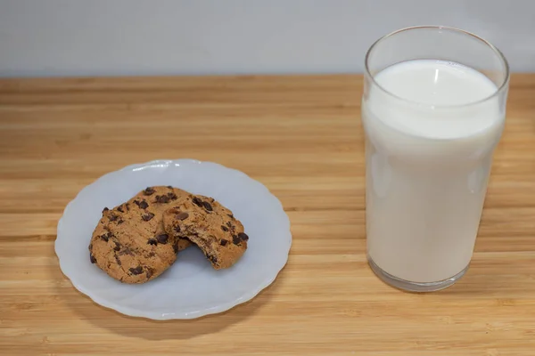 Chocolate Chip Cookies Glass Milk Side Wooden Table — Stock Photo, Image