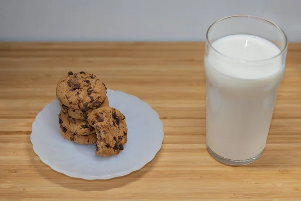 Stack Chocolate Chip Cookies Glass Side Wooden Table — Stock Photo, Image