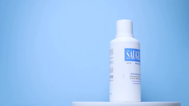Saugella Intimate Cleanser Blue Background — Stock Video