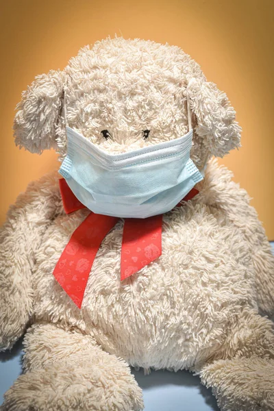 Cute Teddy Bear Face Mask His Mouth Yellow Background — Stock Photo, Image