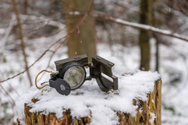 Yeşil bir pusula kış ormanında karın içinde yatıyor.