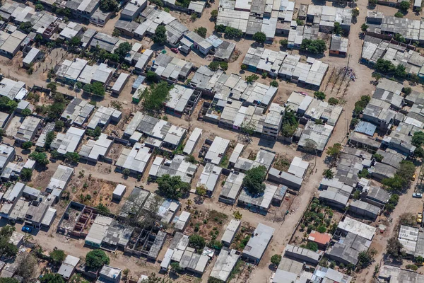 Aerial view of the urban layout of a slum in the Caribbean city of Santa Marta, Colombia.