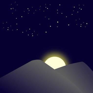 Dolunaylı, yıldızlı ve tepeli bir gece manzarası