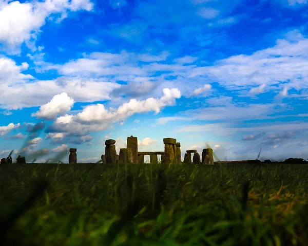 Vue Panoramique Monument Stonehenge Sans Visiteurs Coucher Soleil Coloré Royaume — Photo