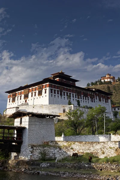 ΠΑΡΩ Rinpung Dzong, ένα βουδιστικό μοναστήρι και το φρούριο να στέκεται σε ένα λόφο πάνω από ένα ποτάμι ΠΑΡΩ Chu, κοντά στην πόλη ΠΑΡΩ, Πάρο, Μαΐου 2015 — Φωτογραφία Αρχείου