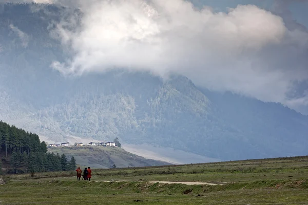 Blick auf das Tal der Phobjikha, Bhutan, ca. Mai 2015 Stockbild