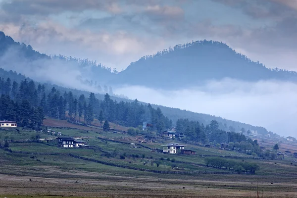 Blick auf das Tal der Phobjikha, Bhutan, ca. Mai 2015 Stockfoto