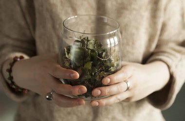 Cam bir kavanozda kurumuş kokulu bitkiler, kadın elleri bir kavanoz otlar, tıbbi bitkiler..