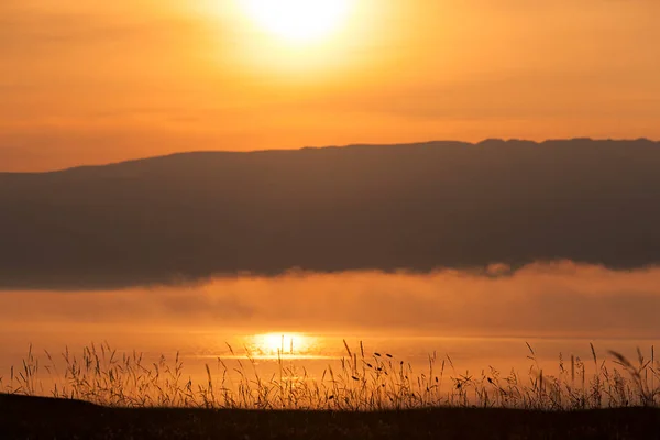 Tramonto Nebbioso Dorato Bellissimo Paesaggio Serale Giallo Sul Mare — Foto Stock