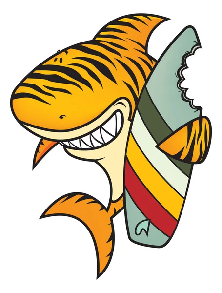 Funny tiger shark with surfboard — Stock Vector