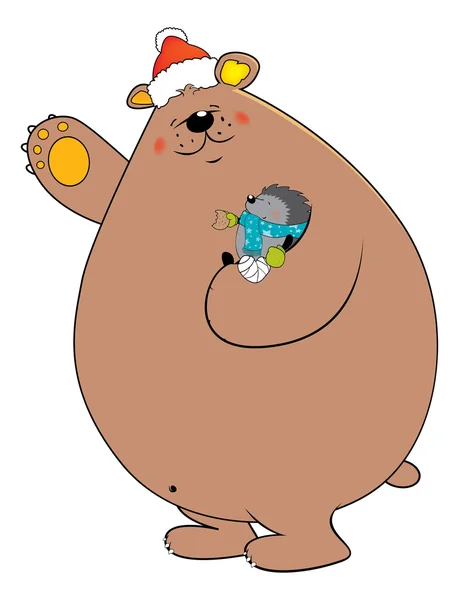 Lindo oso con sombrero de Santa Claus sosteniendo pequeño erizo herido lindo en su brazo — Vector de stock