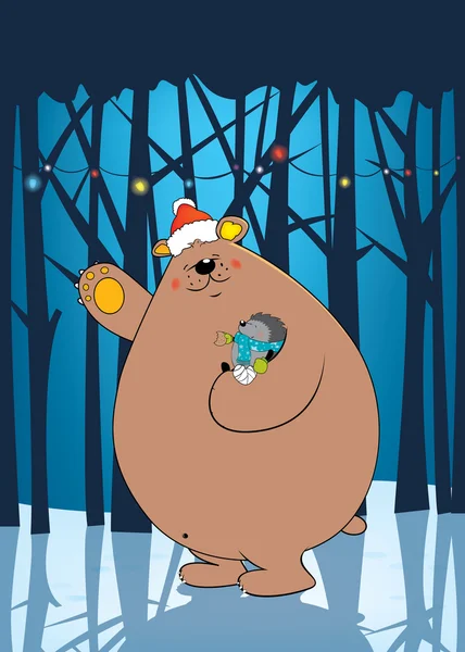 Süß aussehender freundlicher Bär mit Weihnachtsmannmütze, der einen verletzten Igel im Arm hält — Stockvektor