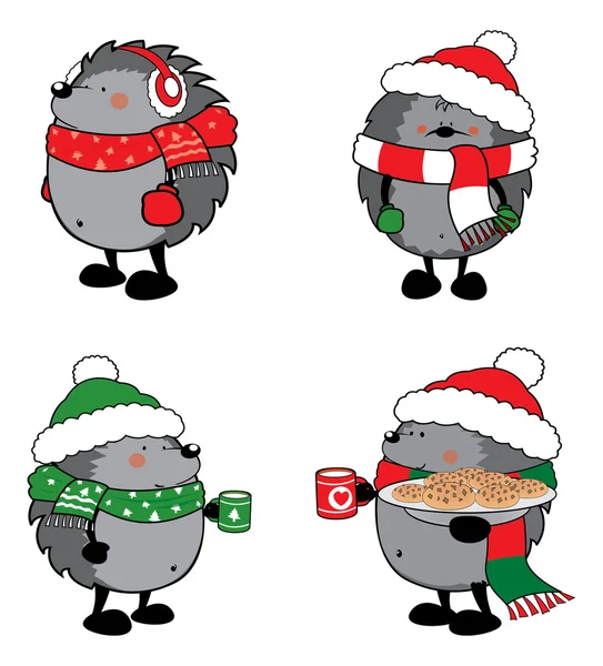 Conjunto de 4 ouriços bonitos vestidos para o Natal —  Vetores de Stock
