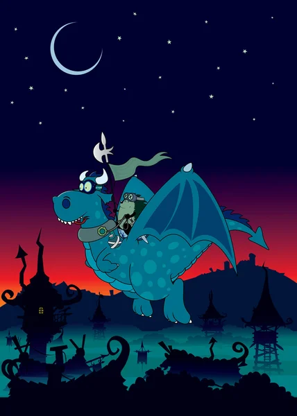Ночной пейзаж с ёжиком-драконом — стоковый вектор