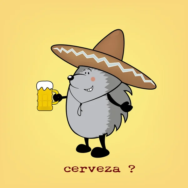 Hedgehog dengan sombrero memegang bir - Stok Vektor