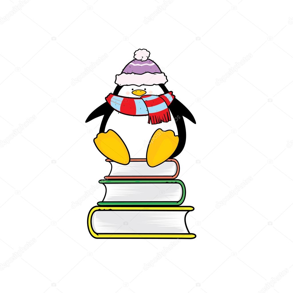 cute penguin sitting on books