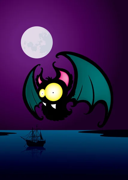 Murciélago de dibujos animados y barco escena de noche — Vector de stock