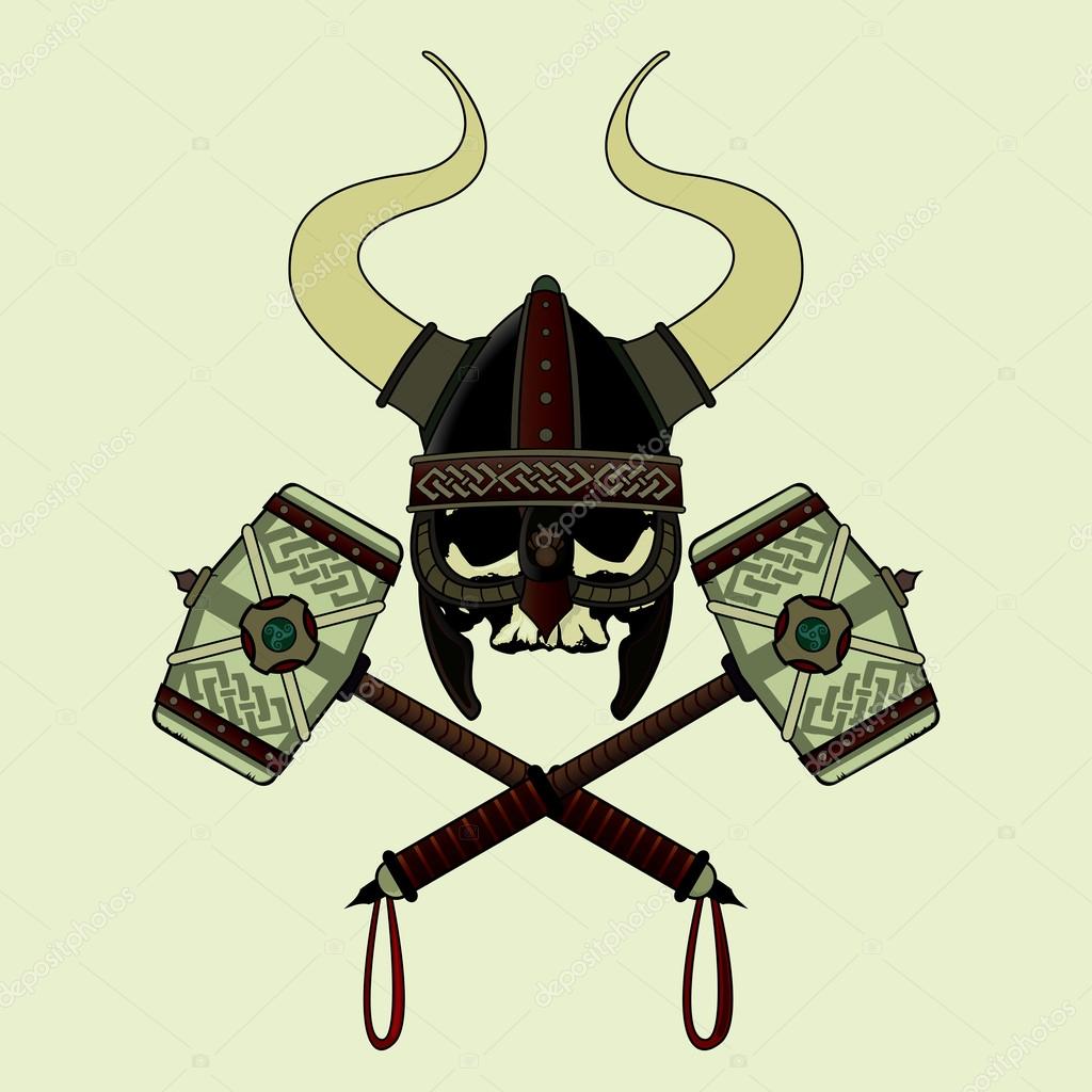 Viking skull with horned helmet and two crossed war hammers.Isolated vector illustration