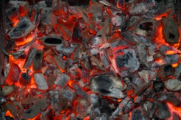 bright red heat and coals from burnt wood in a fire against a background of gray ash on a dark evening