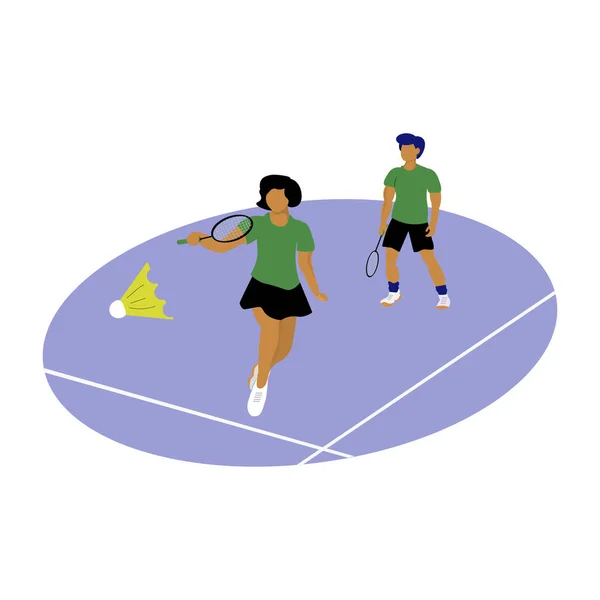 Man Woman Players Badminton Team Court Beat Shuttle Service Opponent — Archivo Imágenes Vectoriales