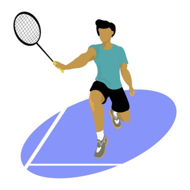 Genç adam, badminton oyuncusu, hamlede oyun alanında, badminton raketiyle topa vuruyor.