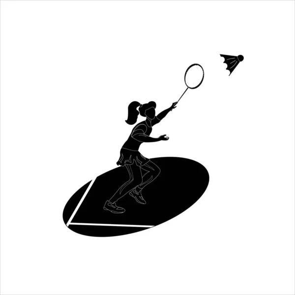 Silhueta Uma Mulher Atleta Badminton Que Acertou Shuttlecock Fora Serviço — Vetor de Stock