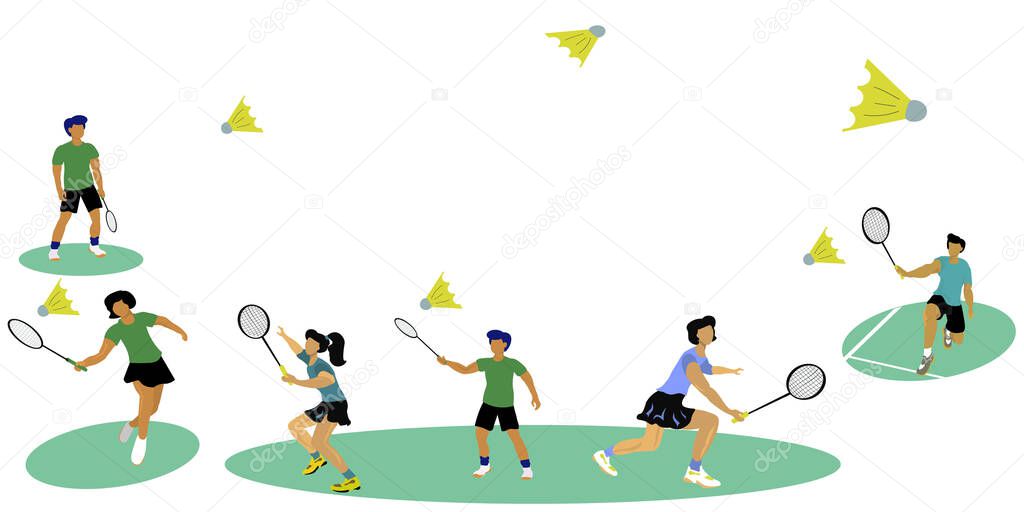 Several young women and young men play badminton. Banner for tournaments, competitions, badminton championships.