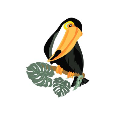 Kocaman sarı gagalı büyük bir tukan canavar yapraklarının arasında bir dalda oturuyor. Kumaş üzerine baskı için kompozisyon, sofra takımı, kartpostal, poster tasarımı