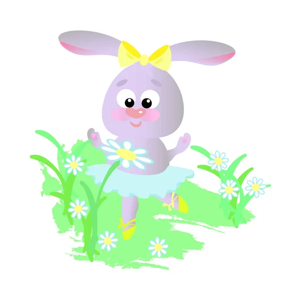 Cute Little Bunny Ballerina Skirt Dancing Meadow Daisies Sniffing Flower — Stock Photo, Image