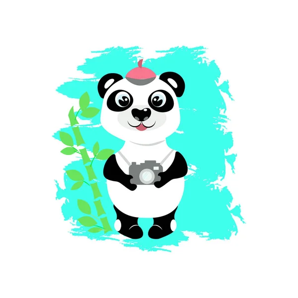 Little Panda Bear Holds Camera Its Paws Children Illustration Background — Stock Photo, Image