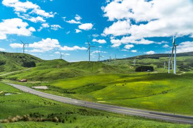 Rüzgâr tarlası, kıvrımlı bir kır yolu boyunca birden fazla türbin taşıyor. Bir çayırda, bir tarlada kurulmuş gibi hissediyorum.