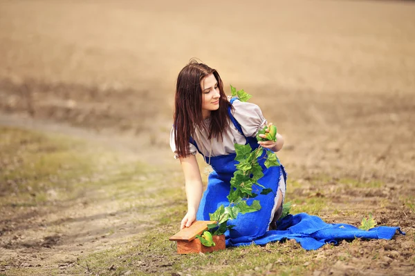 Mujer joven en paisaje de campo de primavera — Foto de Stock