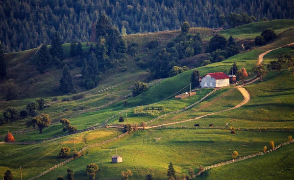 September landelijke scène in bergen. Authentiek dorp en hek — Stockfoto